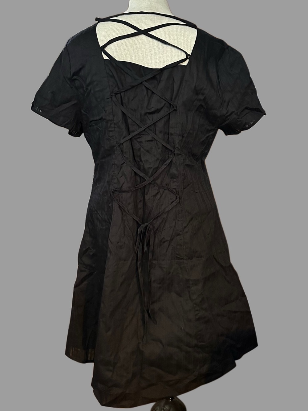 Dangerfield 90s Style Lace Back Square-Neck Short Sleeve Black Striped Dress NWT